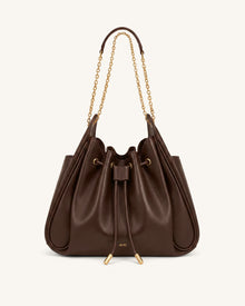 Rowan Ruched Drawstring Chain Bucket Bag - Brown