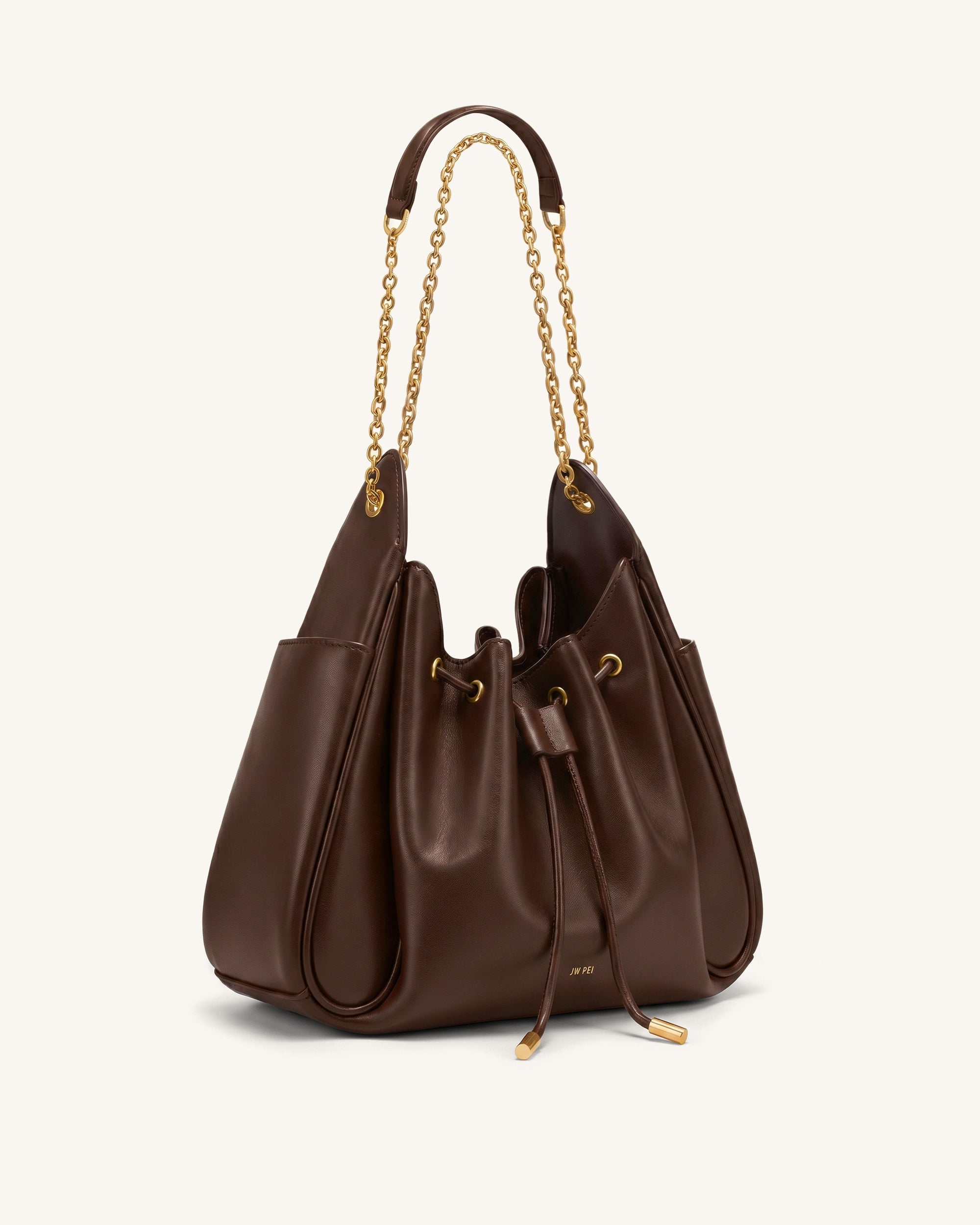 Rowan Ruched Drawstring Chain Bucket Bag - Brown