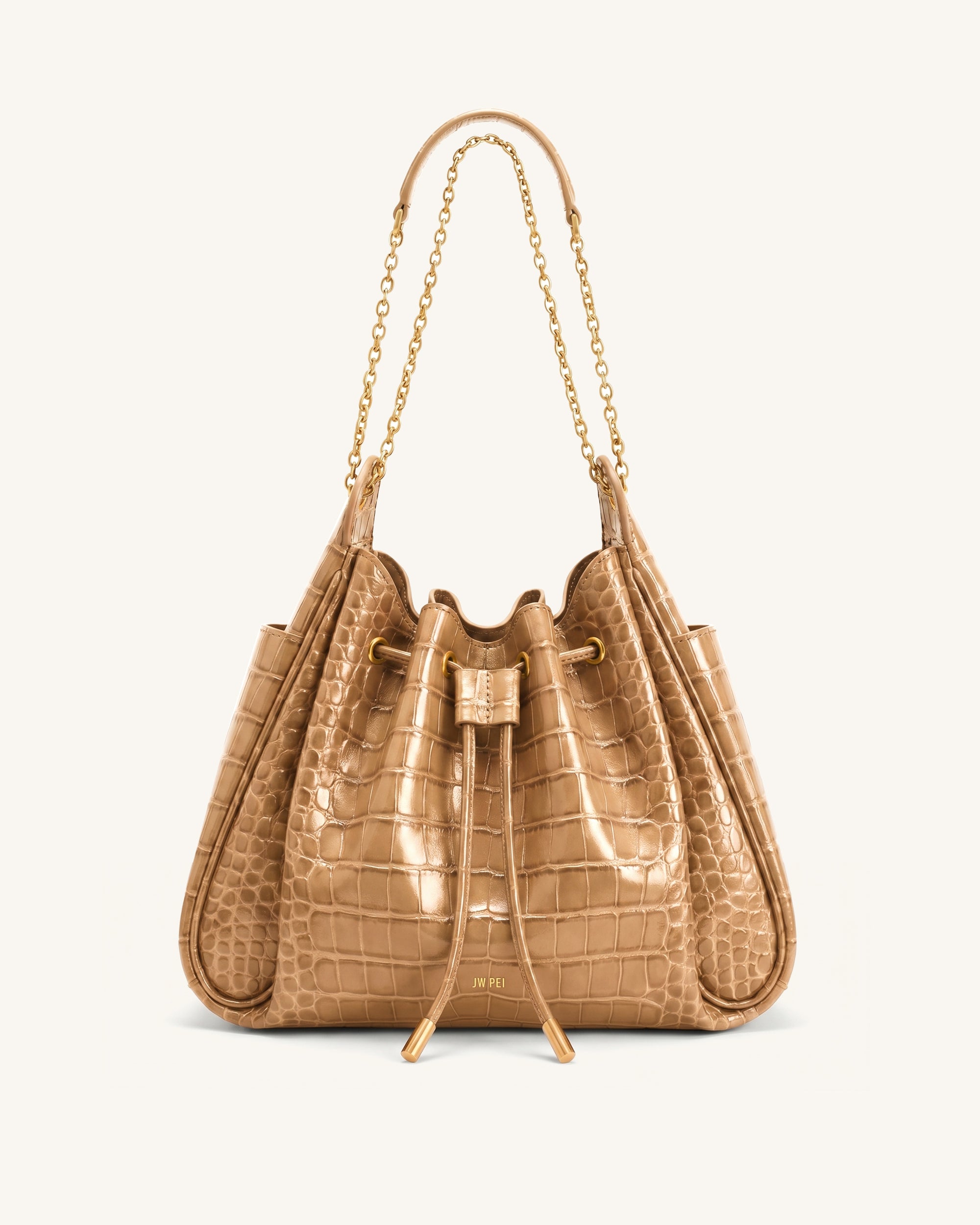 Rowan Ruched Drawstring Chain Bucket Bag - Light Brown Croc