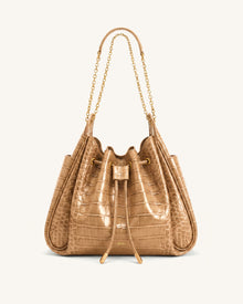 Rowan Ruched Drawstring Chain Bucket Bag - Light Brown Croc
