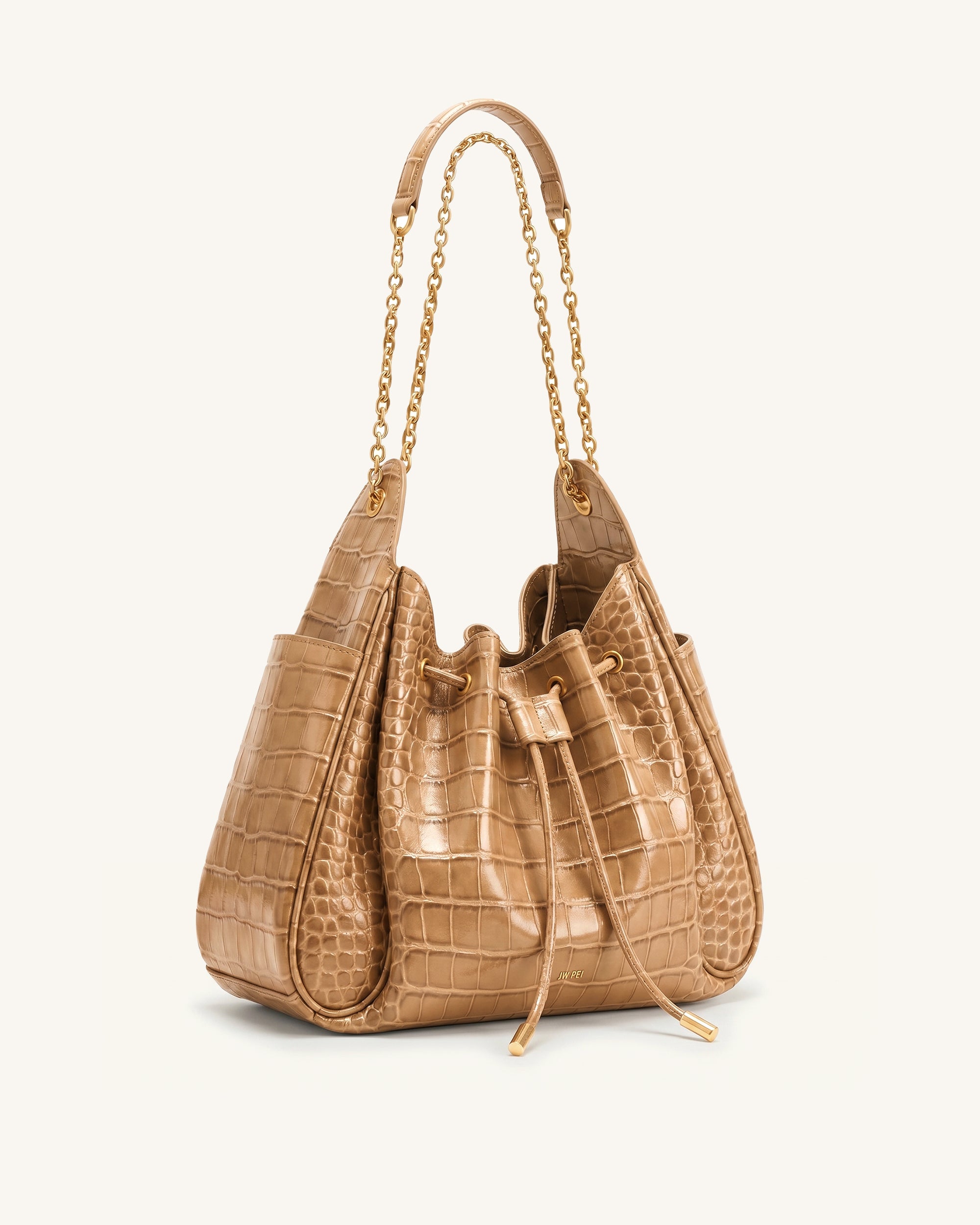 Rowan Ruched Drawstring Chain Bucket Bag - Light Brown Croc