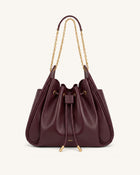 Rowan Ruched Drawstring Chain Bucket Bag - Burgundy