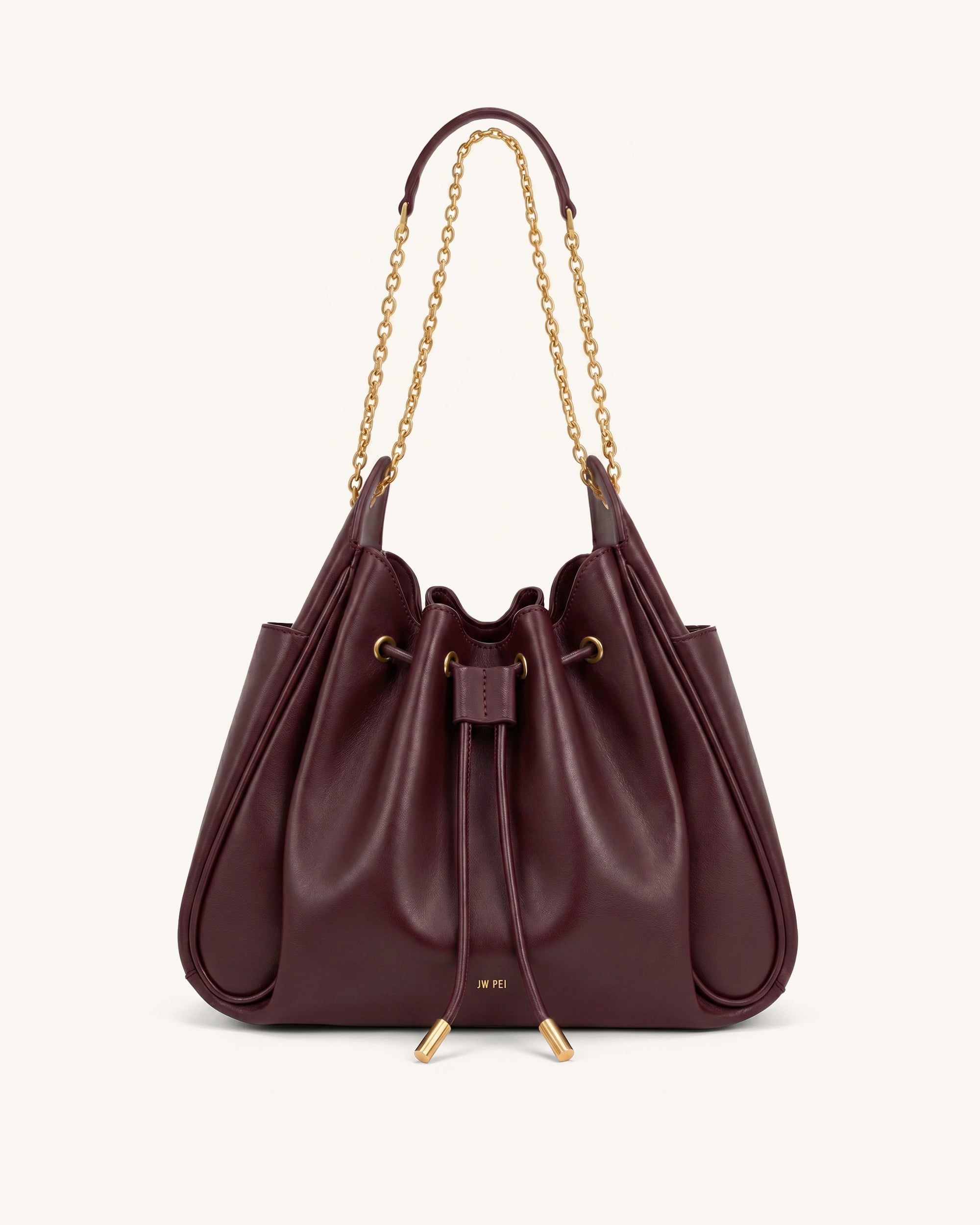 Rowan Ruched Drawstring Chain Bucket Bag - Burgundy