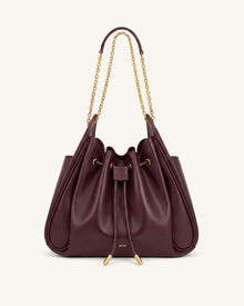 Rowan Ruched Drawstring Chain Bucket Bag - Burgundy