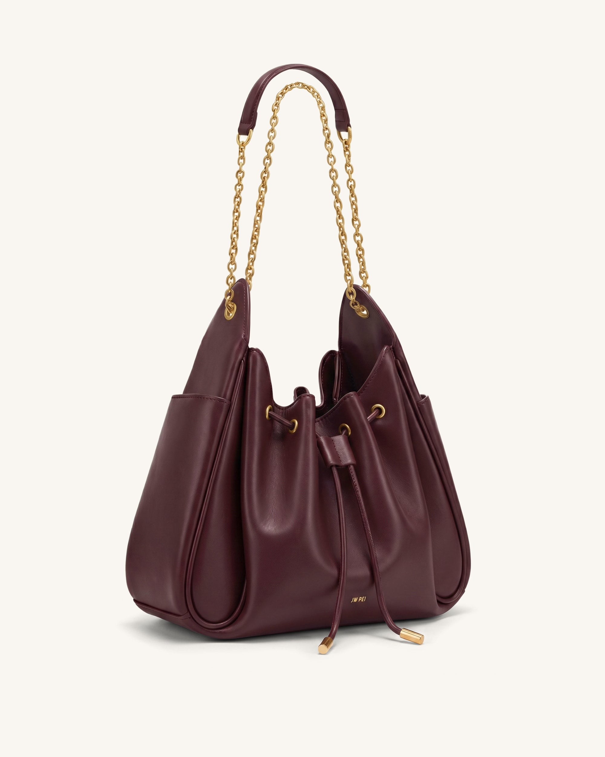 Rowan Ruched Drawstring Chain Bucket Bag - Burgundy