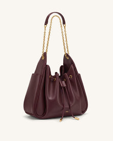 Rowan Ruched Drawstring Chain Bucket Bag - Burgundy