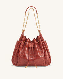 Rowan Ruched Drawstring Chain Bucket Bag - Red Croc