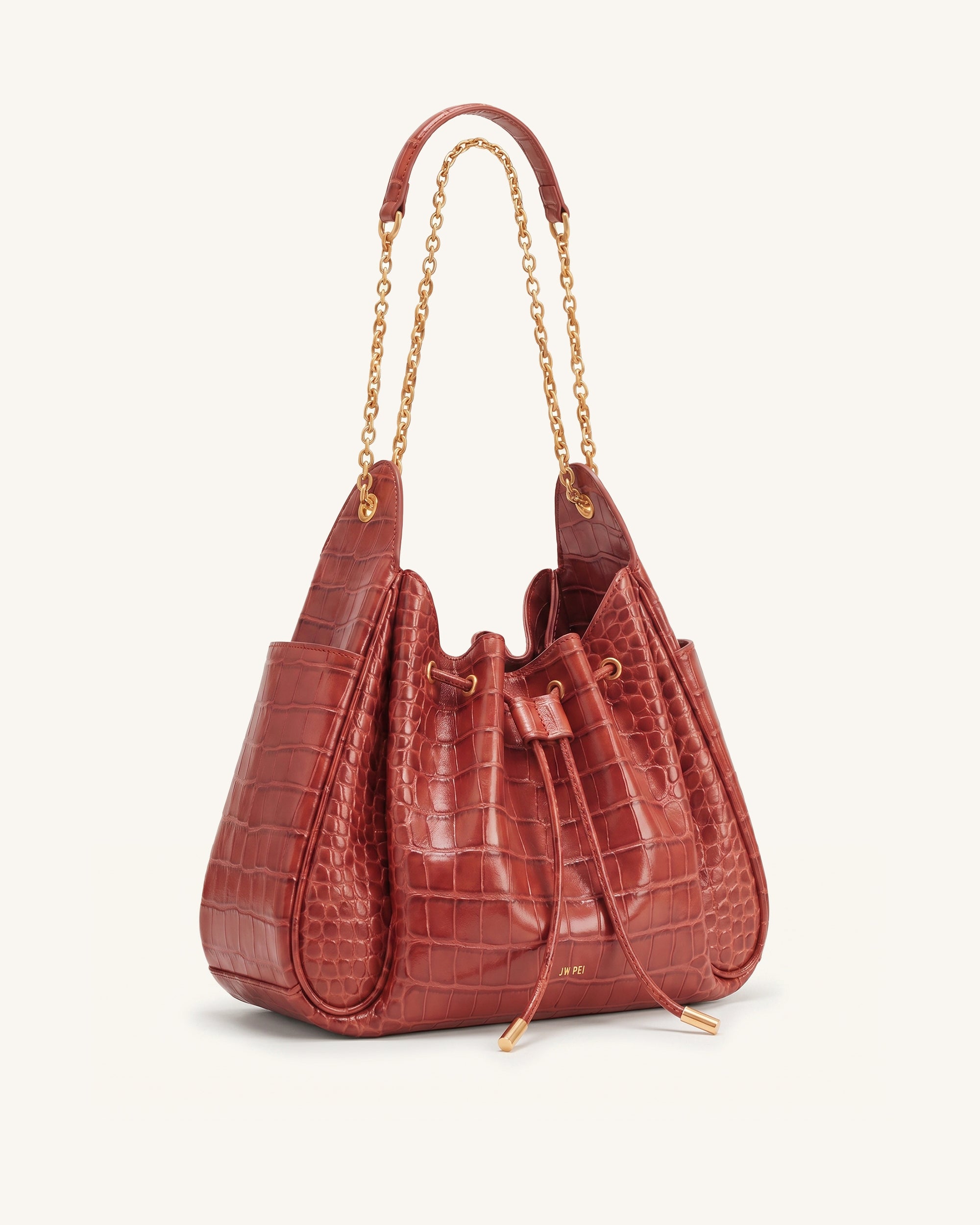 Rowan Ruched Drawstring Chain Bucket Bag - Red Croc