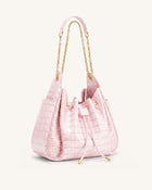Rowan Ruched Drawstring Chain Bucket Bag - Pink Croc