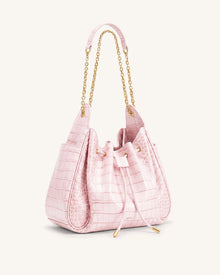 Rowan Ruched Drawstring Chain Bucket Bag - Pink Croc