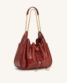 Rowan Ruched Drawstring Chain Bucket Bag - Dark Red Croc