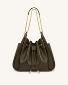 Rowan Ruched Drawstring Chain Bucket Bag - Dark Green