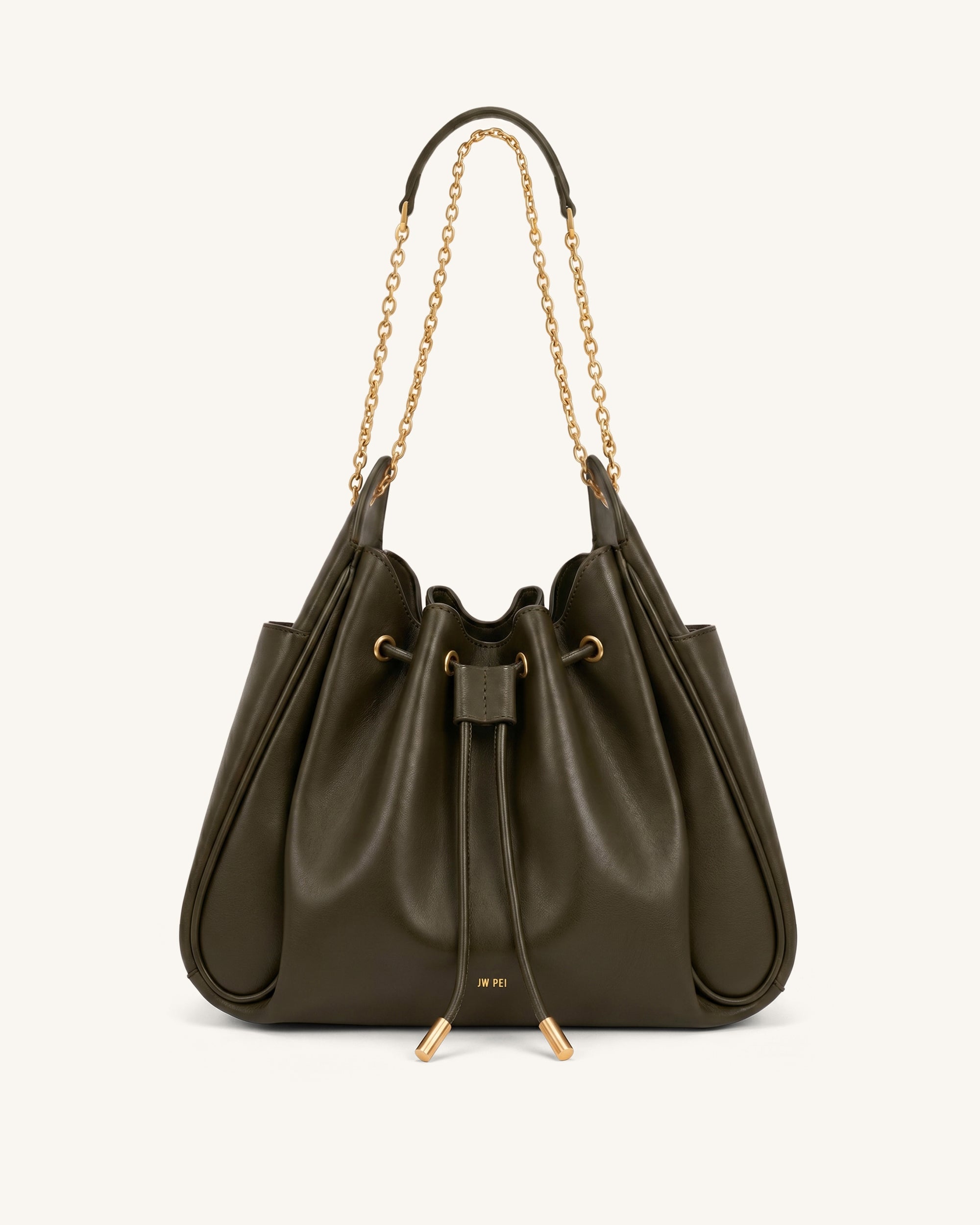 Rowan Ruched Drawstring Chain Bucket Bag - Dark Green