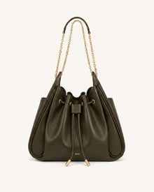 Rowan Ruched Drawstring Chain Bucket Bag - Dark Green