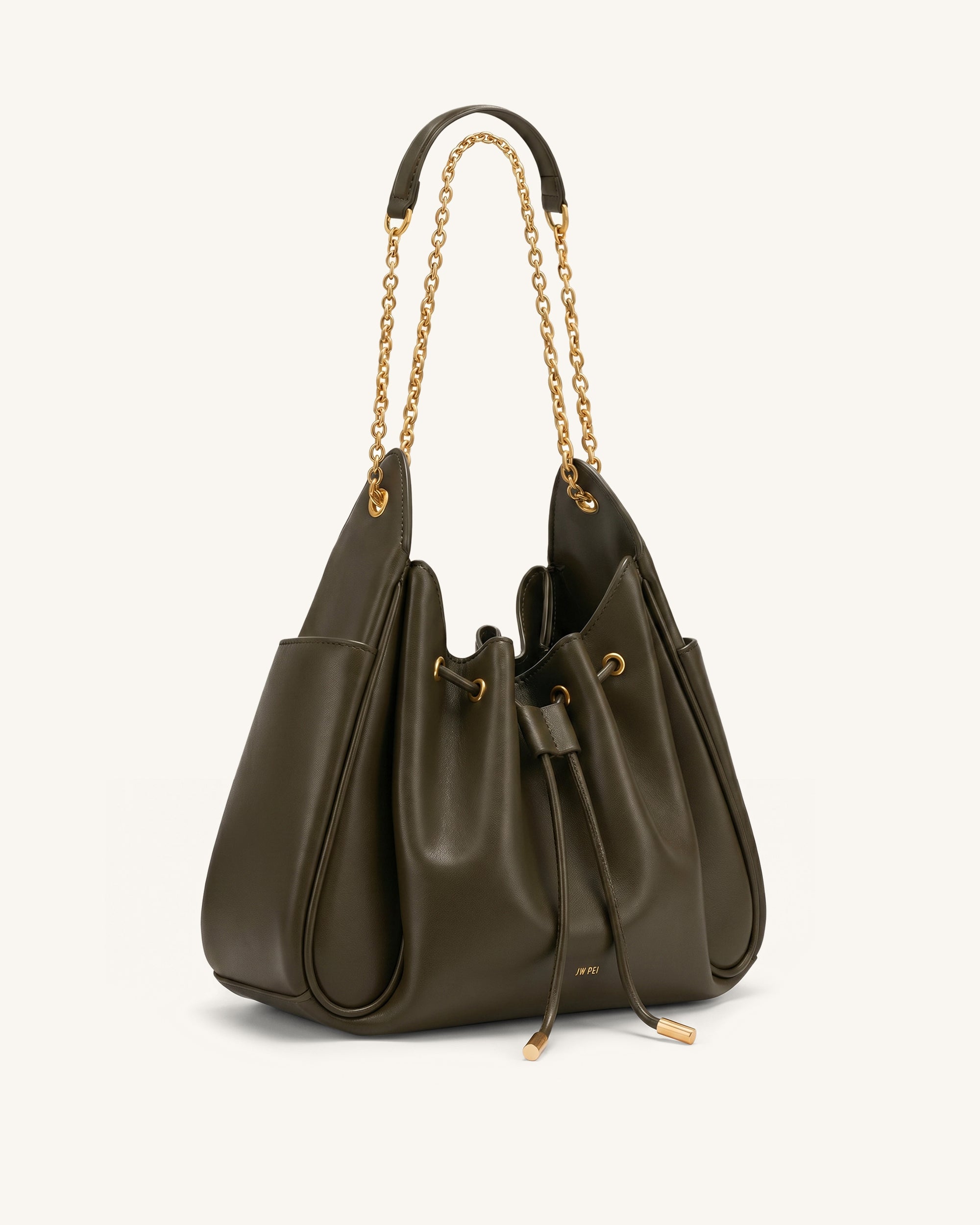 Rowan Ruched Drawstring Chain Bucket Bag - Dark Green