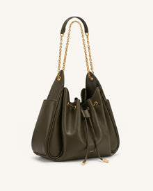 Rowan Ruched Drawstring Chain Bucket Bag - Dark Green