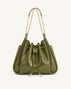 Rowan Ruched Drawstring Chain Bucket Bag - Green Croc