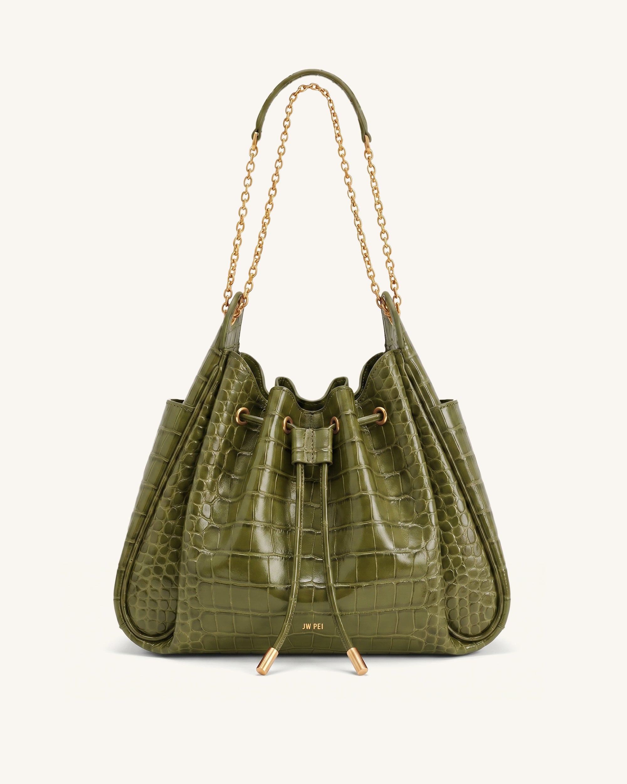 Rowan Ruched Drawstring Chain Bucket Bag - Green Croc