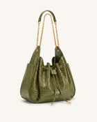 Rowan Ruched Drawstring Chain Bucket Bag - Green Croc