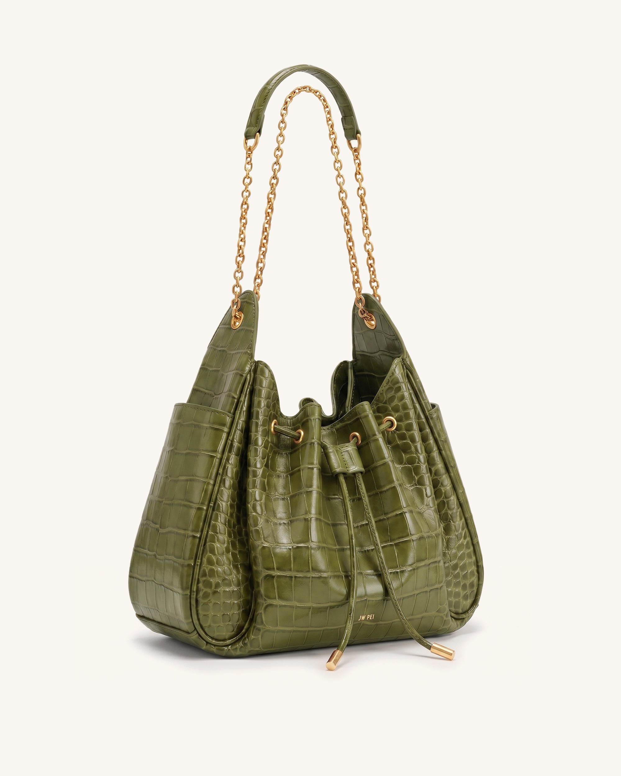 Rowan Ruched Drawstring Chain Bucket Bag - Green Croc