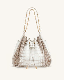Rowan Ruched Drawstring Chain Bucket Bag - White Croc