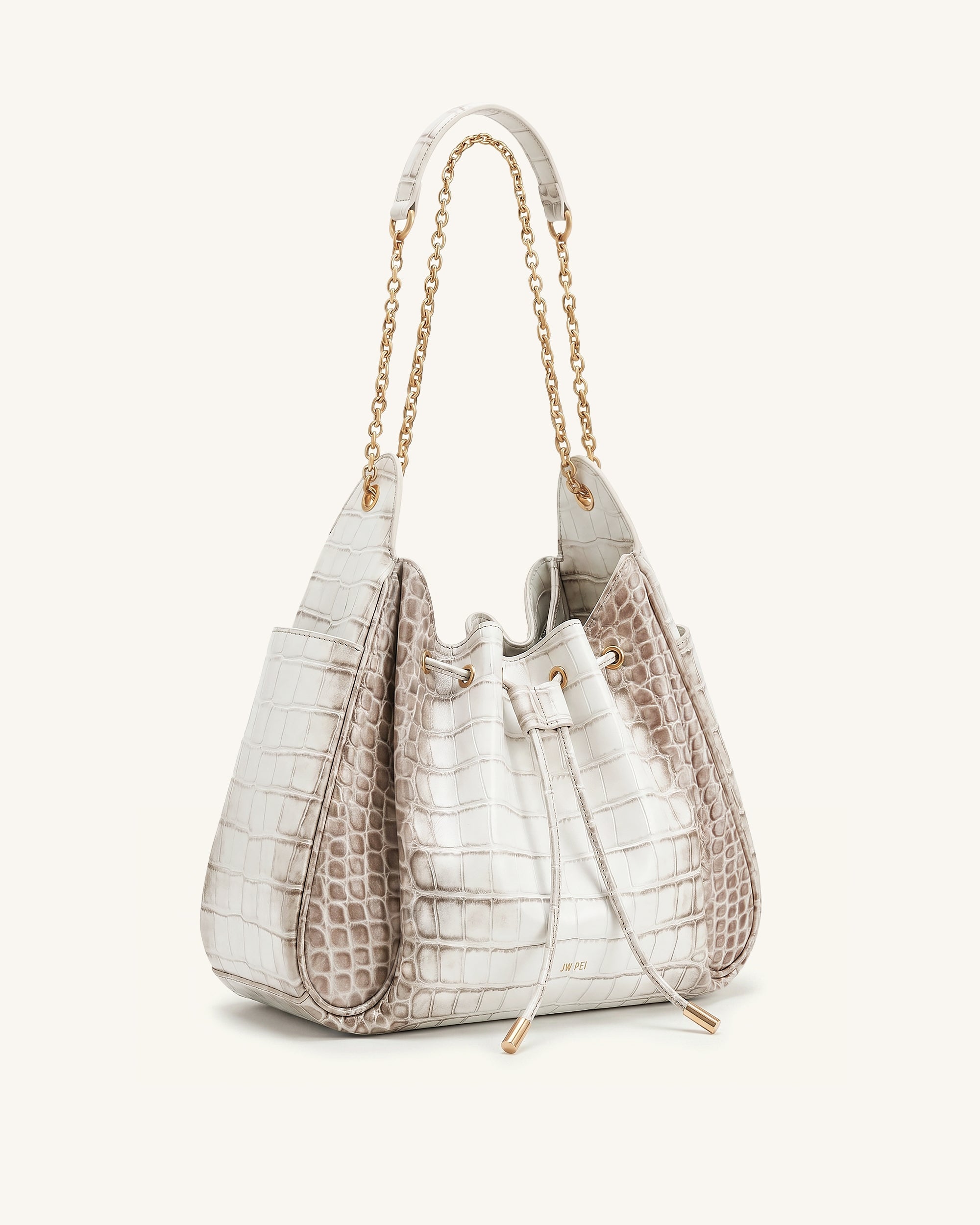 Rowan Ruched Drawstring Chain Bucket Bag - White Croc