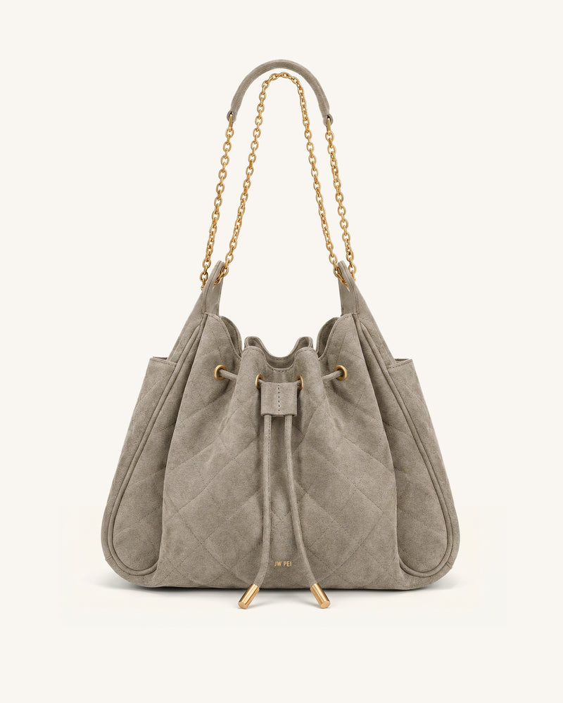 Rowan Faux Suede Quilted Chain Bucket Bag - Gray