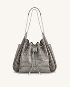 Rowan Ruched Drawstring Chain Bucket Bag - Grey Croc