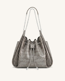 Rowan Ruched Drawstring Chain Bucket Bag - Grey Croc