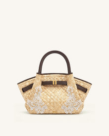 Hana Mini Faux Straw Beading Tote Bag - Brown