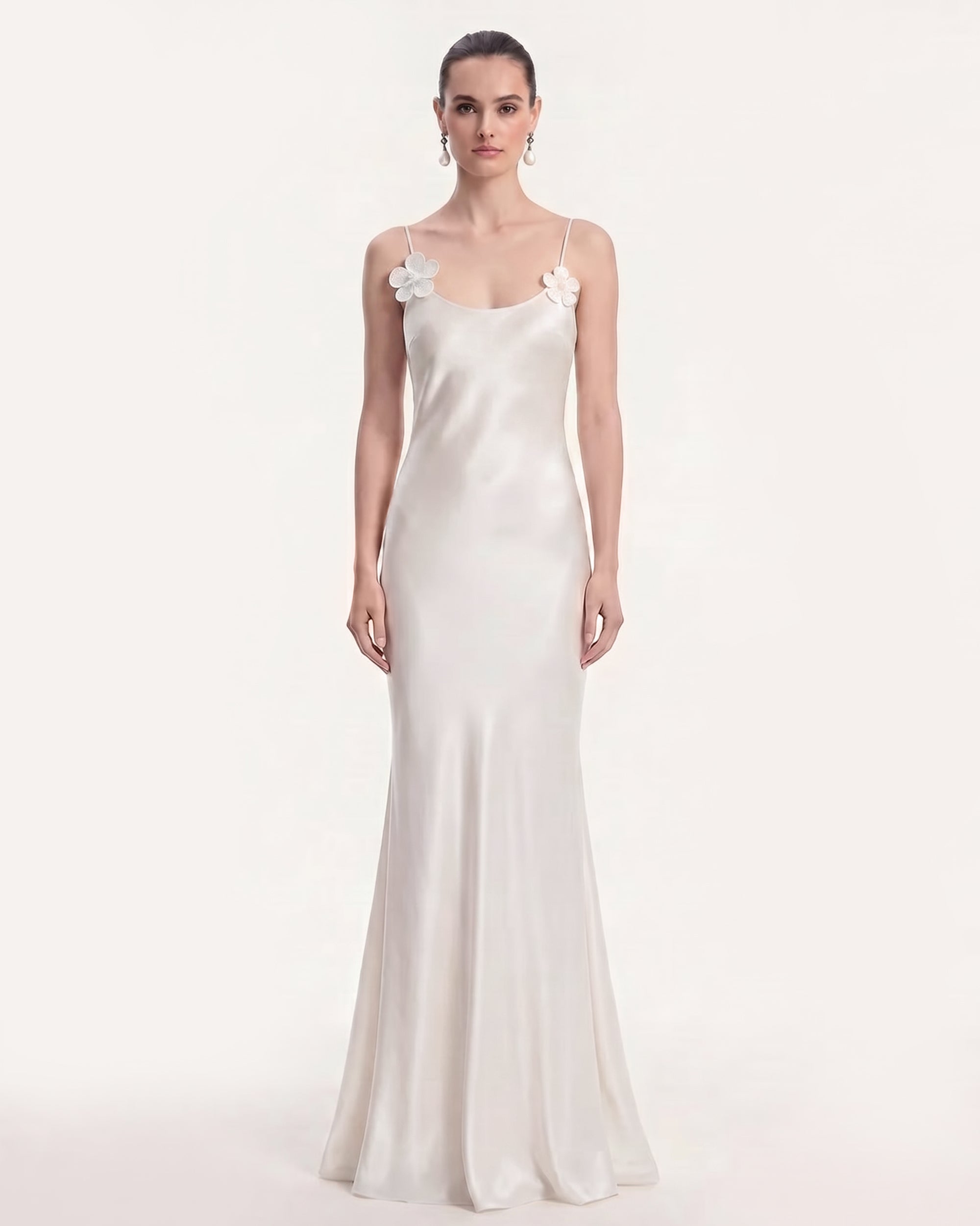 Floral Appliqué Cowl Back Long Dress - White