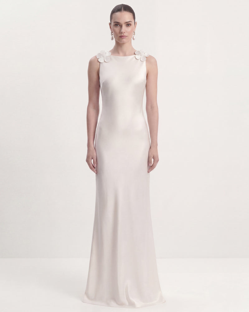 Floral Appliqué Keyhole Back Maxi Dress - White