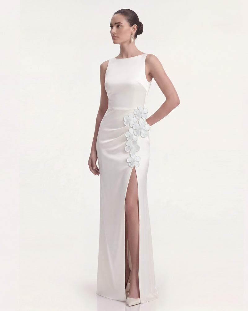 Floral Appliqué Side Slit Maxi Dress - White