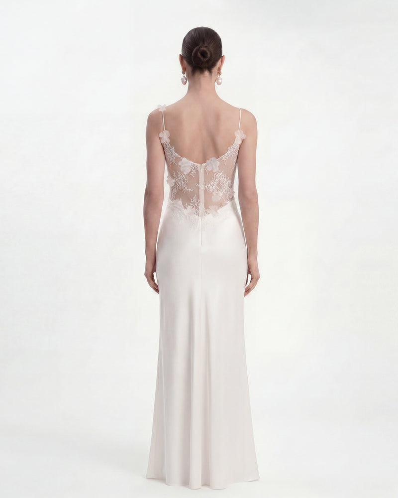Floral Appliqué Sheer Lace Maxi Dress - White