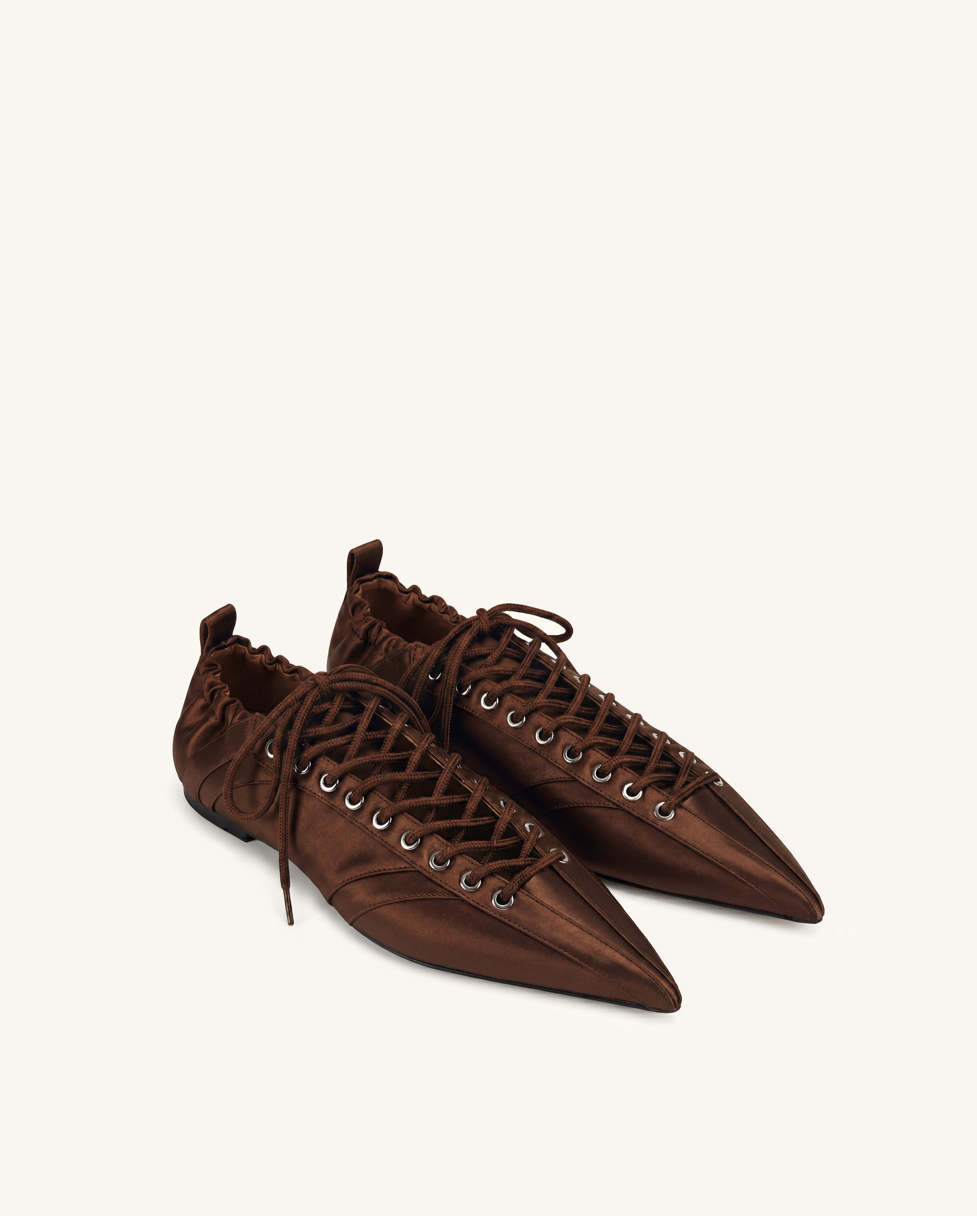 Ava Lace-Up Satin Flats - Brown