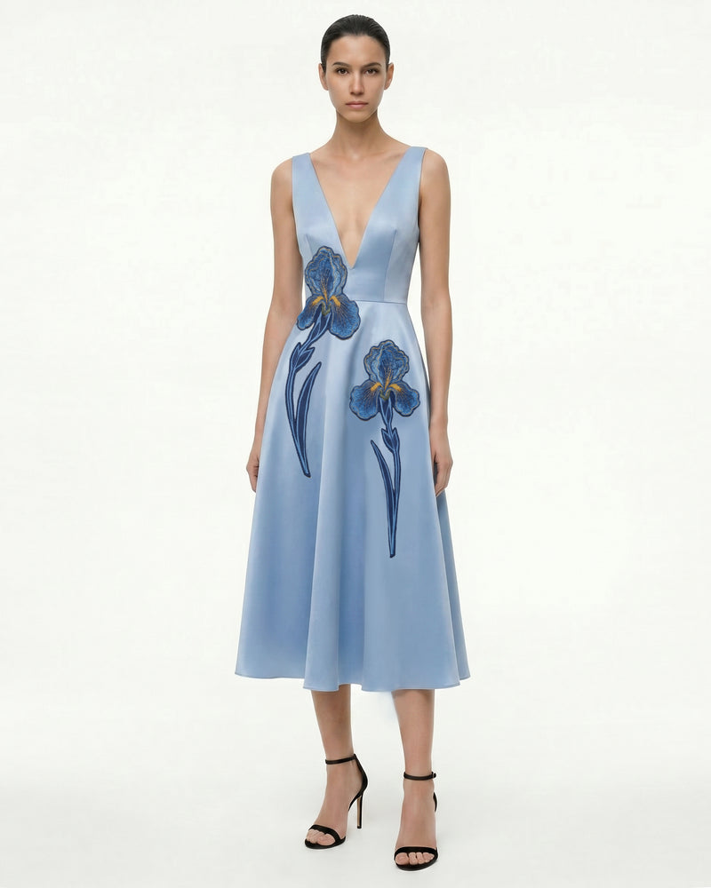 Iris Embroidered Deep V A-Line Midi Dress - Light Blue