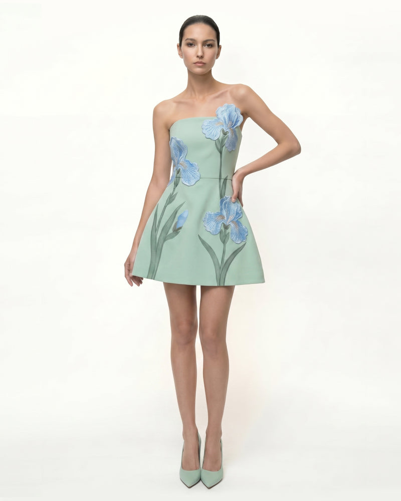 Iris Embroidered Strapless A-Line Mini Dress - Sage Green