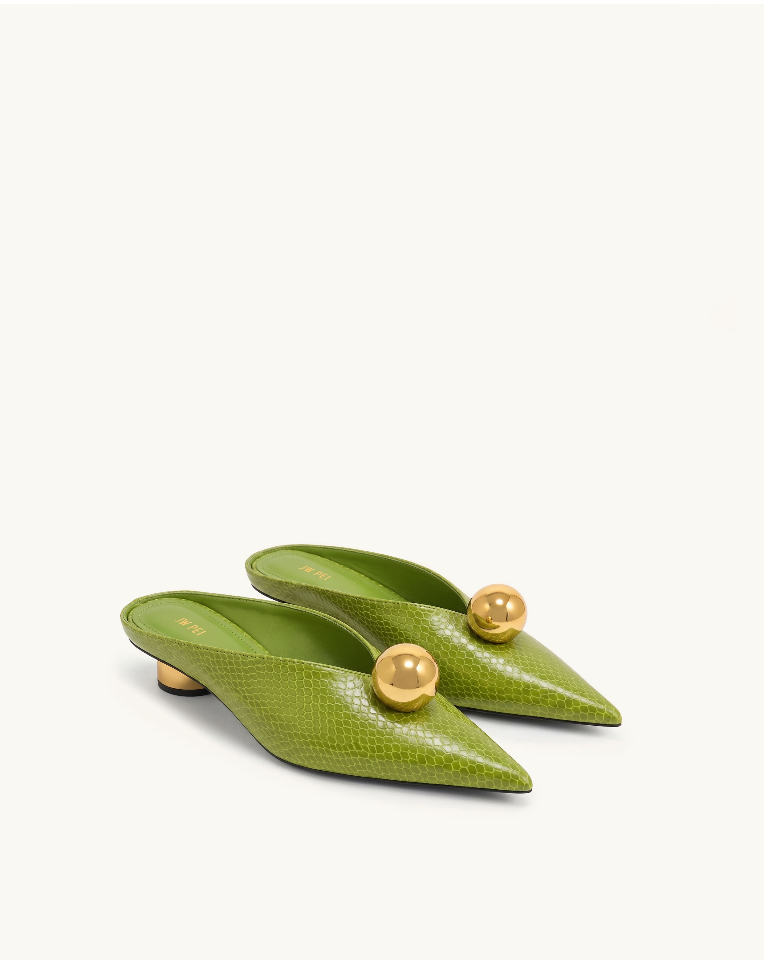 Helena Snake-Embossed Gold Sphere Pointed Toe Mules - Green