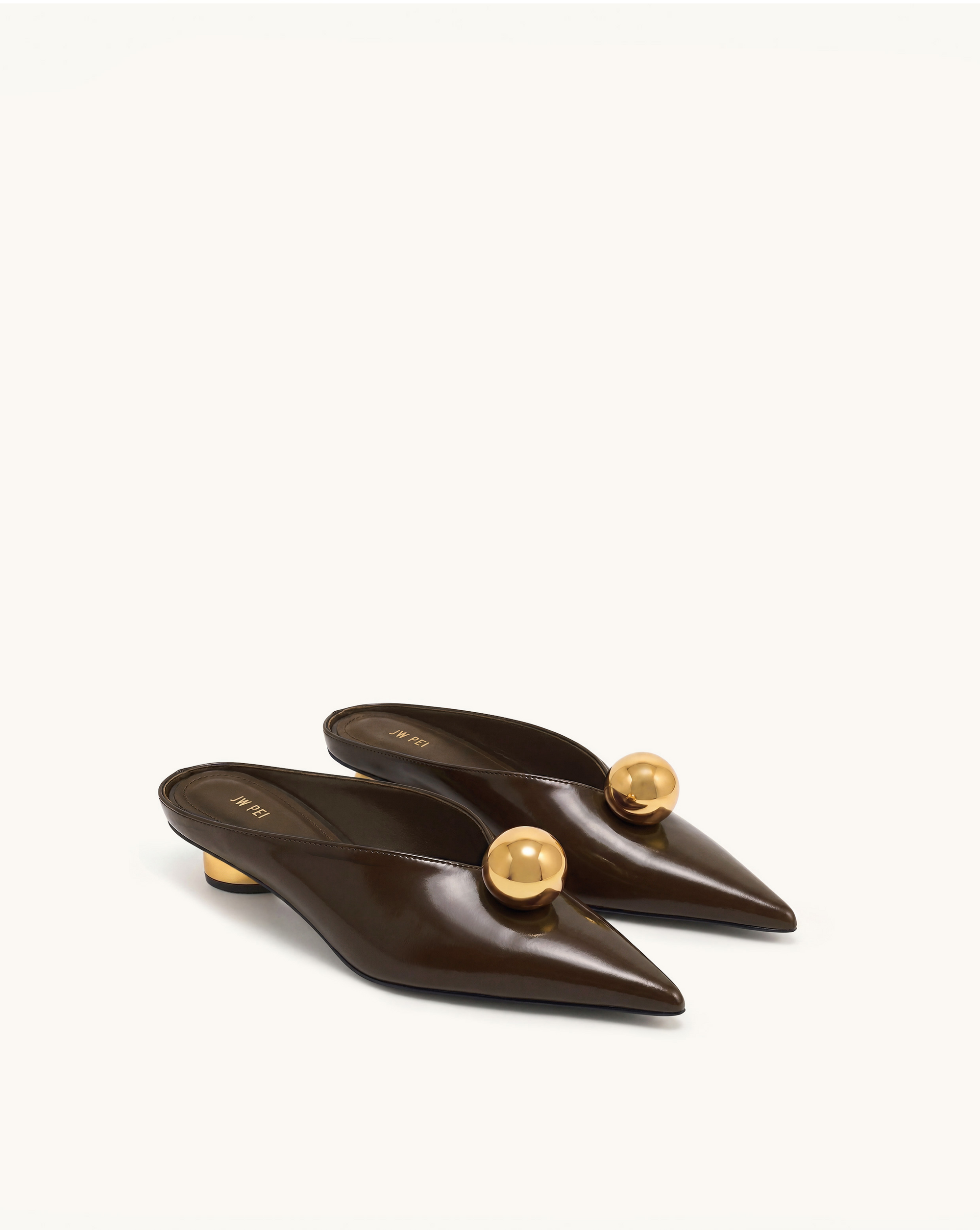 Helena Gold Sphere Pointed Toe Mules - Dark Brown