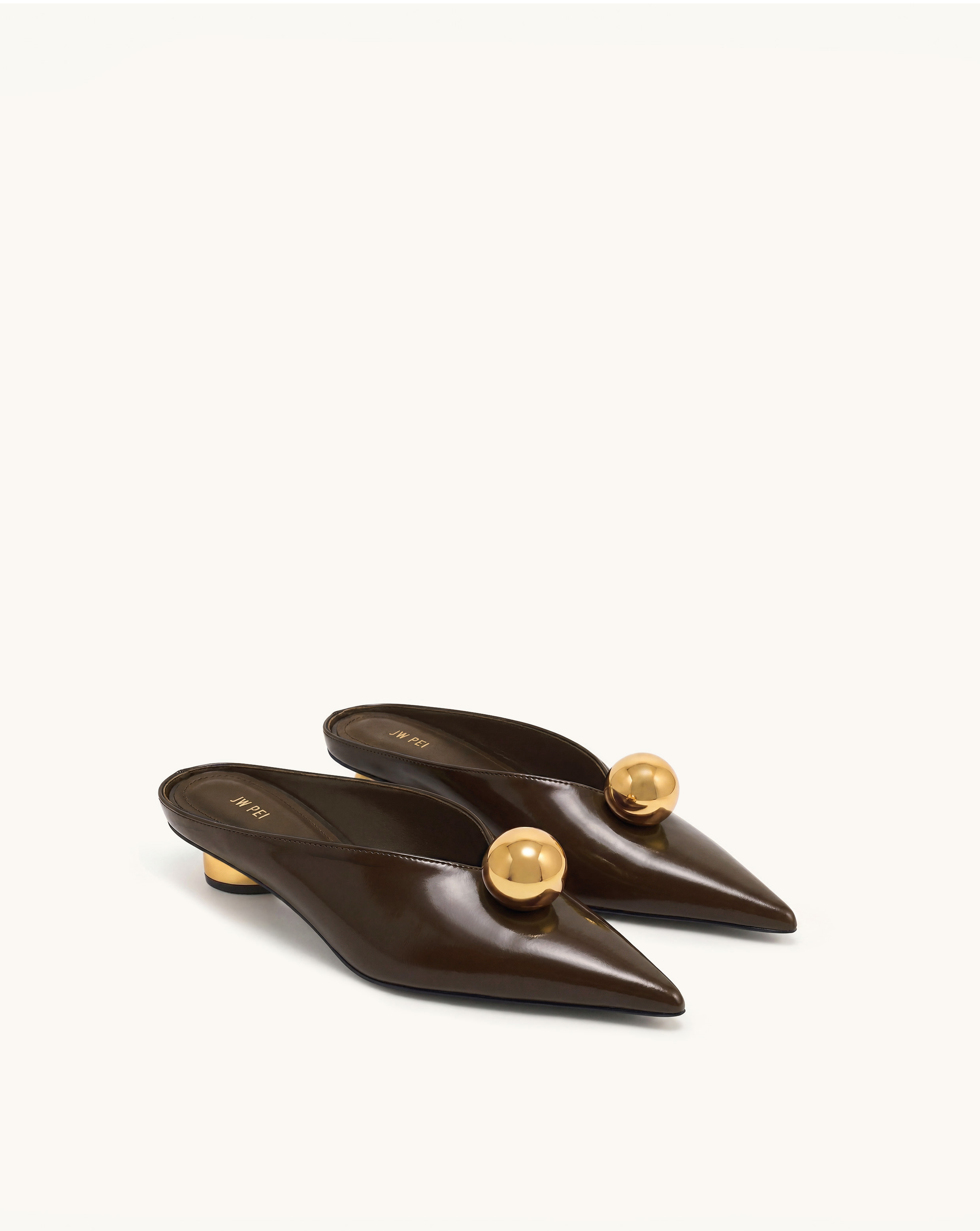 Helena Gold Sphere Pointed Toe Mules - Dark Brown
