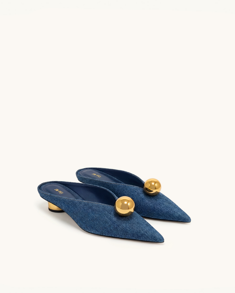 Helena Gold Sphere Pointed Toe Mules - Denim Blue