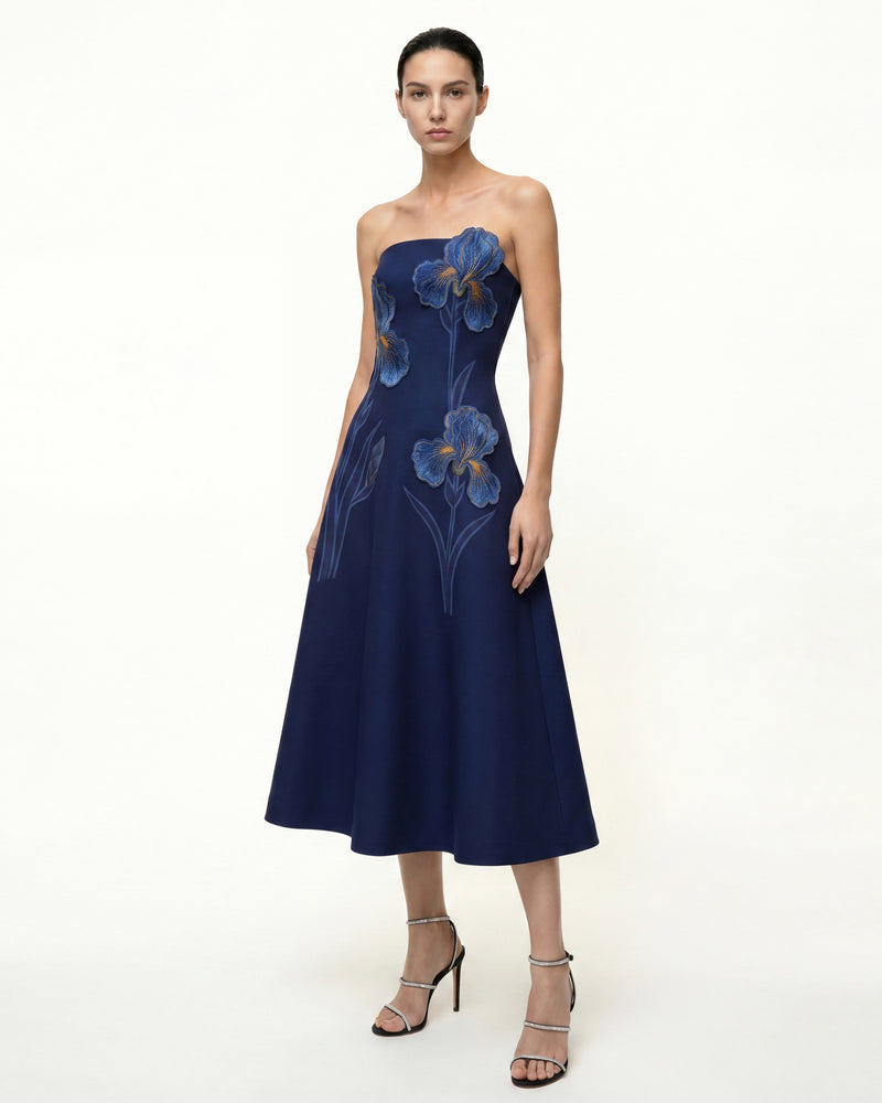Iris Embroidered Structured Strapless Midi Dress - Navy Blue