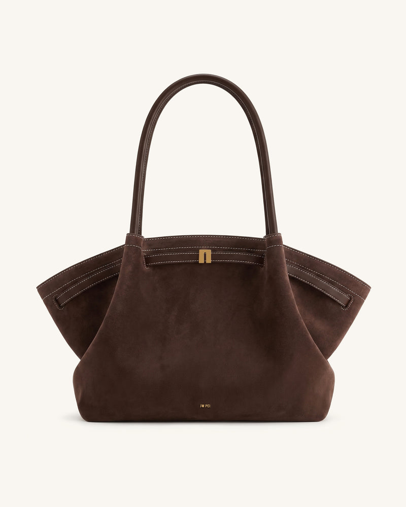 Hana Large Faux Suede Tote Bag - Dark Brown