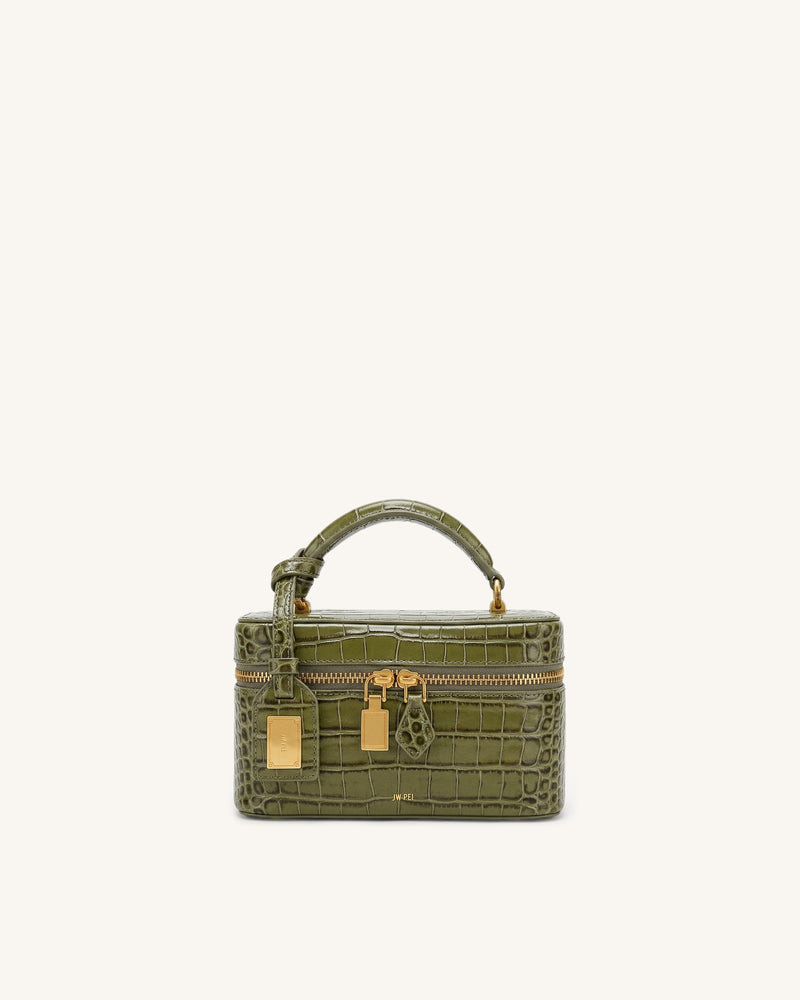 Cleo Box Shape Top Handle Bag - Olive Green Croc