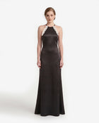 Fringe Back Lace Halter Satin Maxi Dress - Black