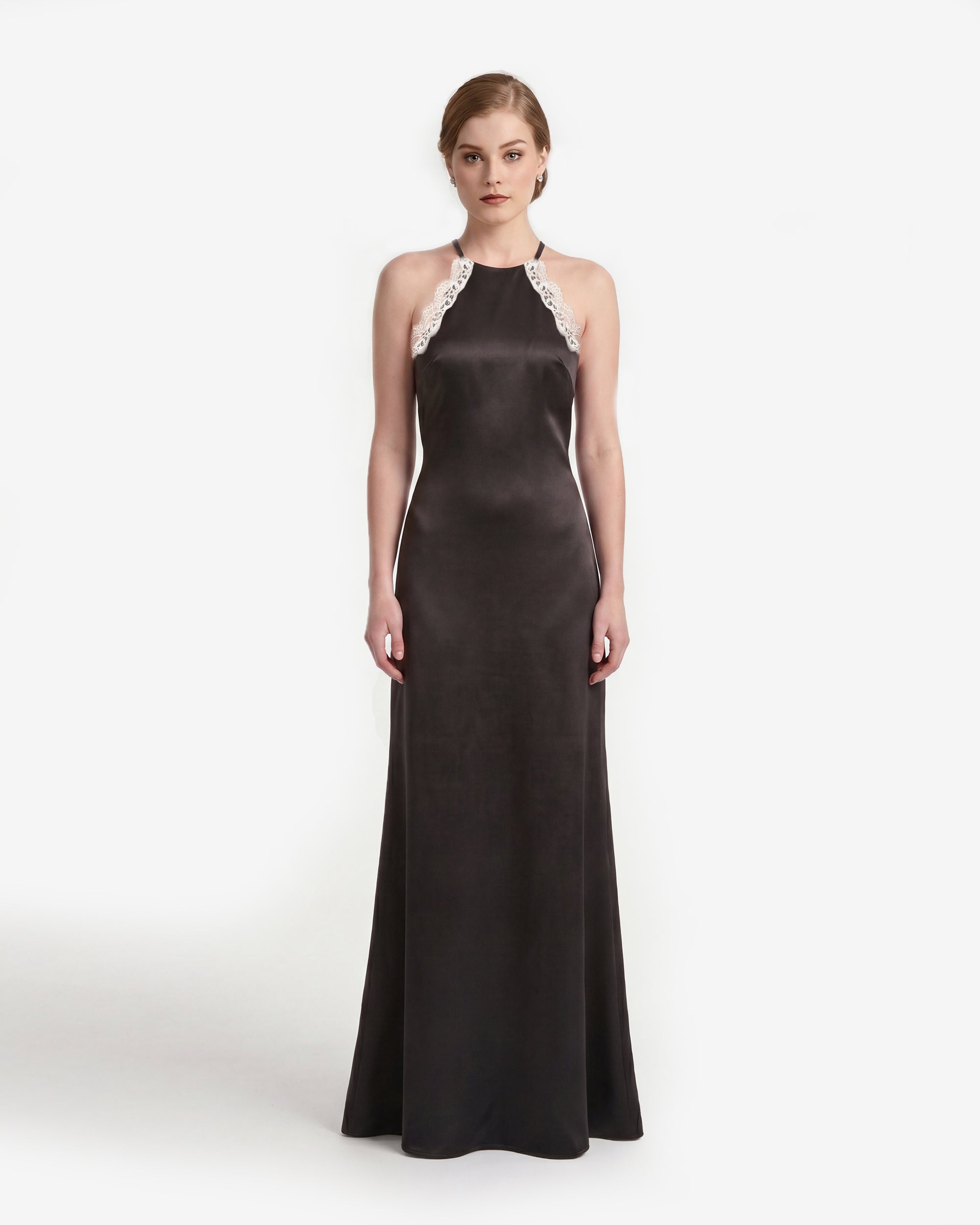 Fringe Back Lace Halter Satin Maxi Dress - Black