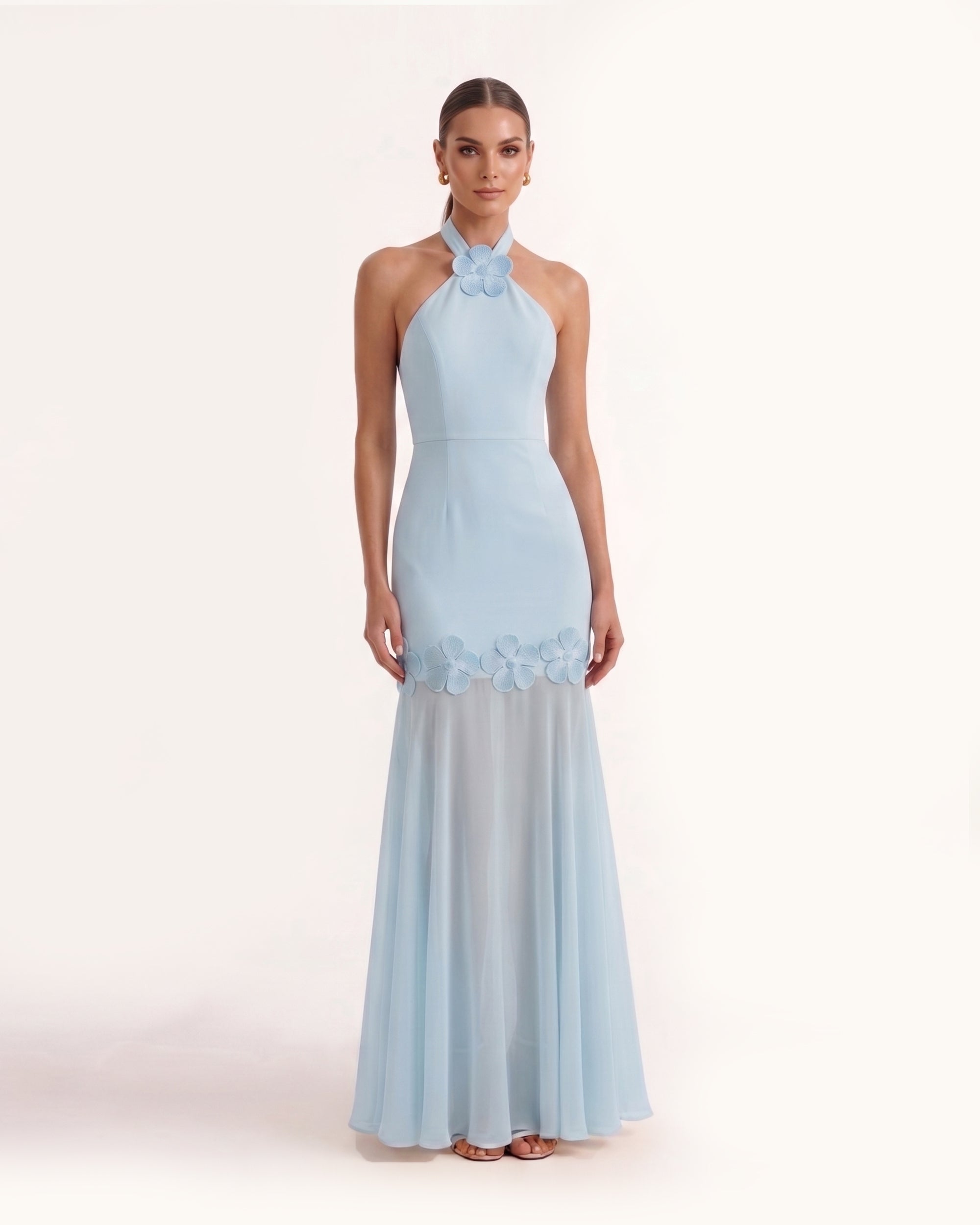 Floral Embroidered Halter Chiffon Maxi Dress - Blue