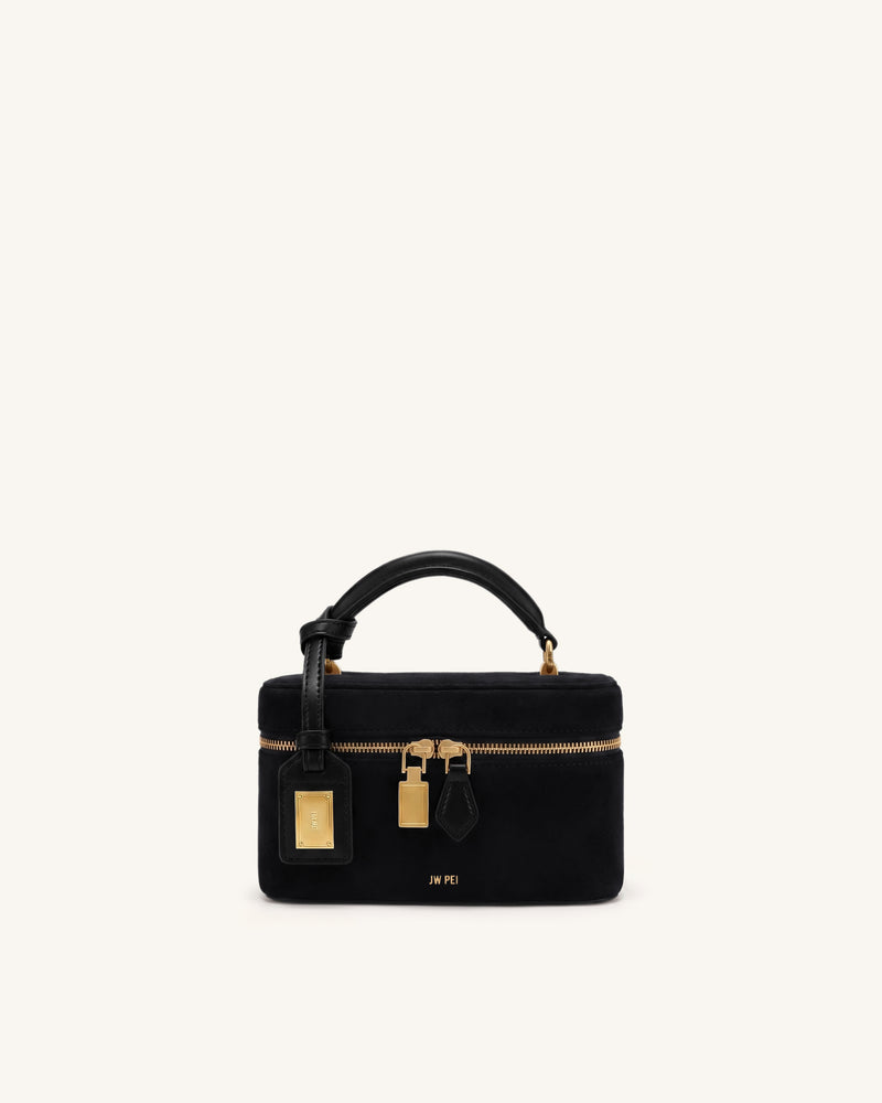 Cleo Faux Suede Box Shape Top Handle Bag - Black