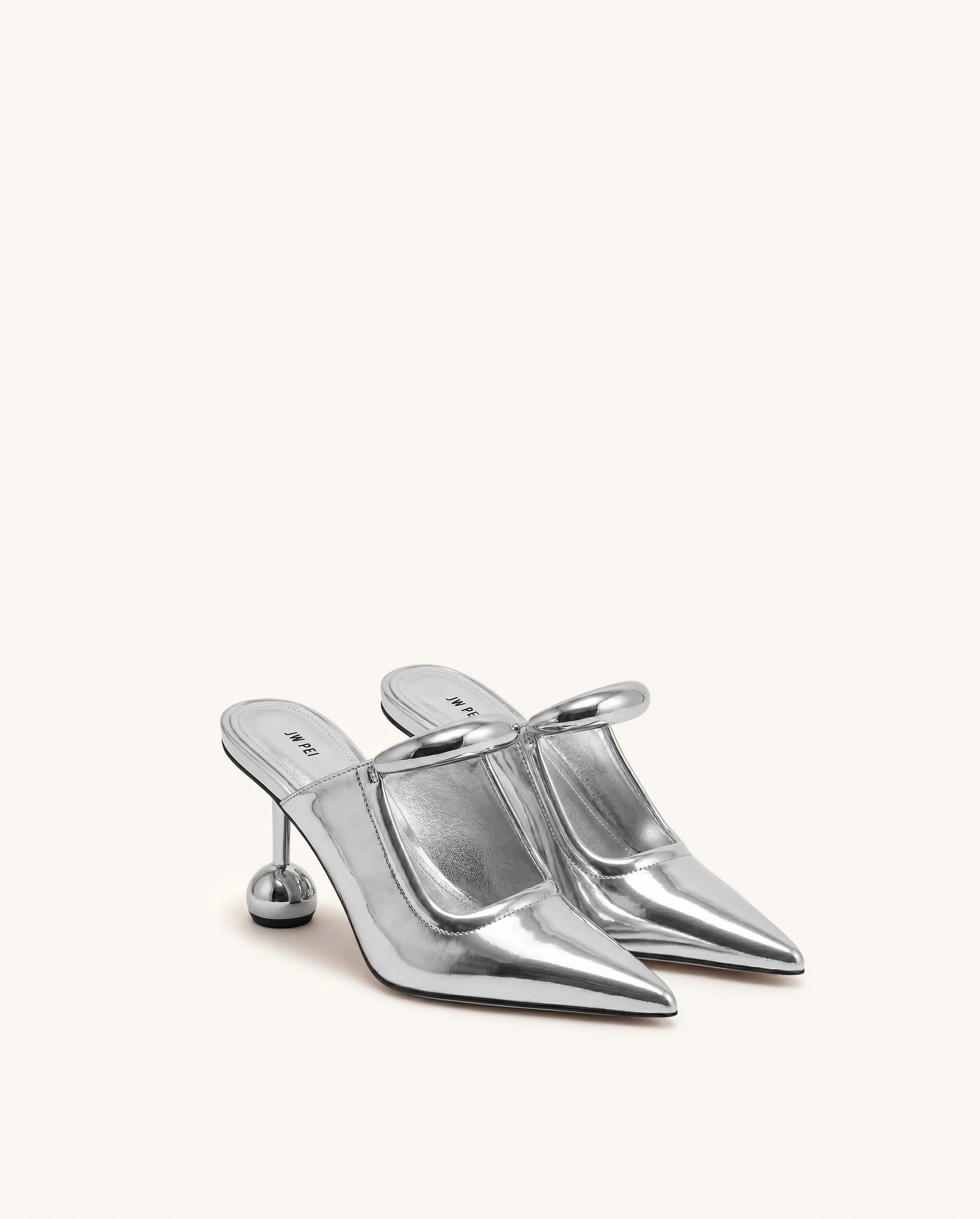 Sofia Metal Accent Sphere Heel Mirror Leather Mules - Silver