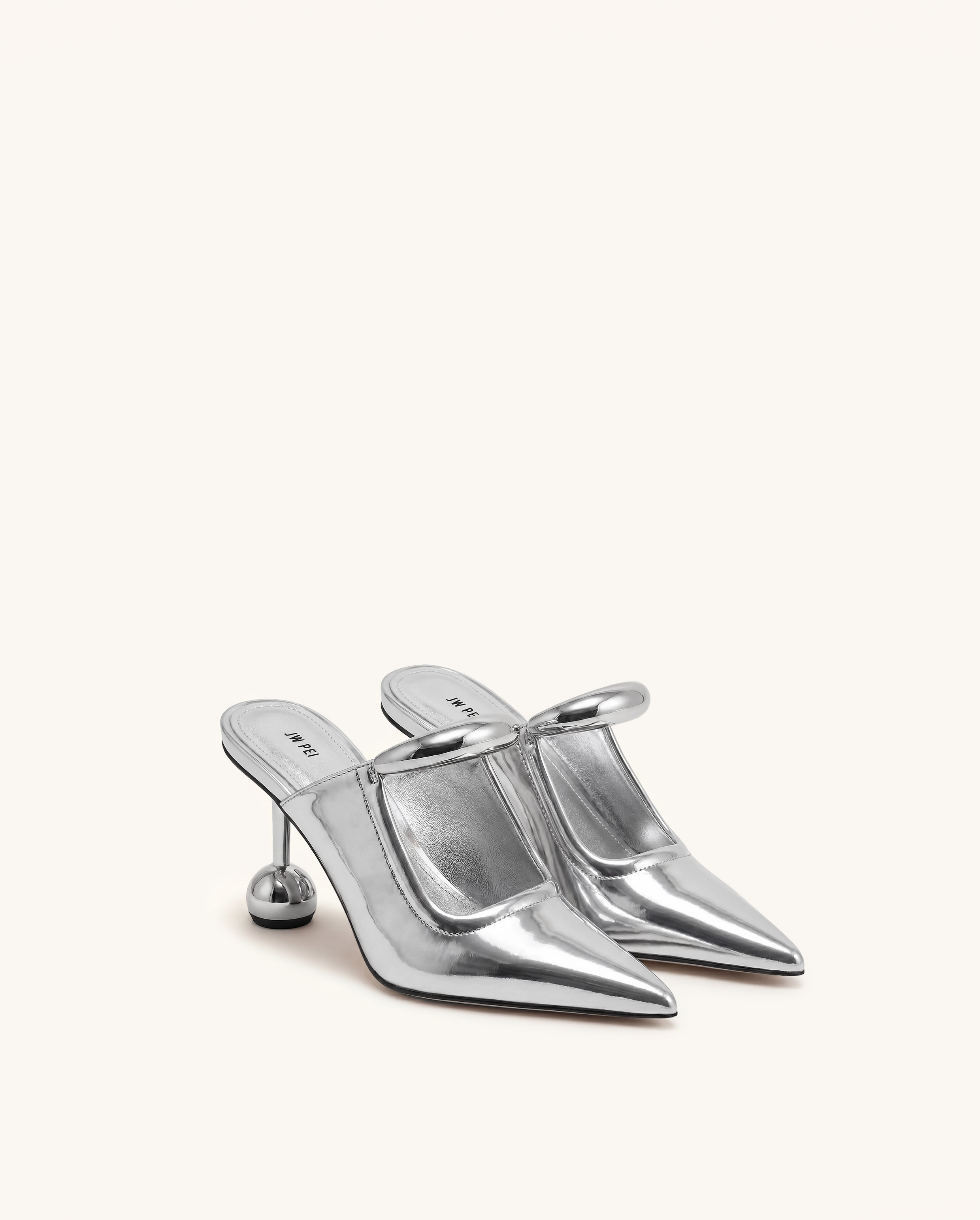 Sofia Metal Accent Sphere Heel Mirror Leather Mules - Silver